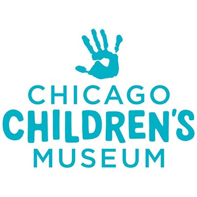 A teal handprint with teal lettering that says Chicago Children's Museum underneath it, against a white background